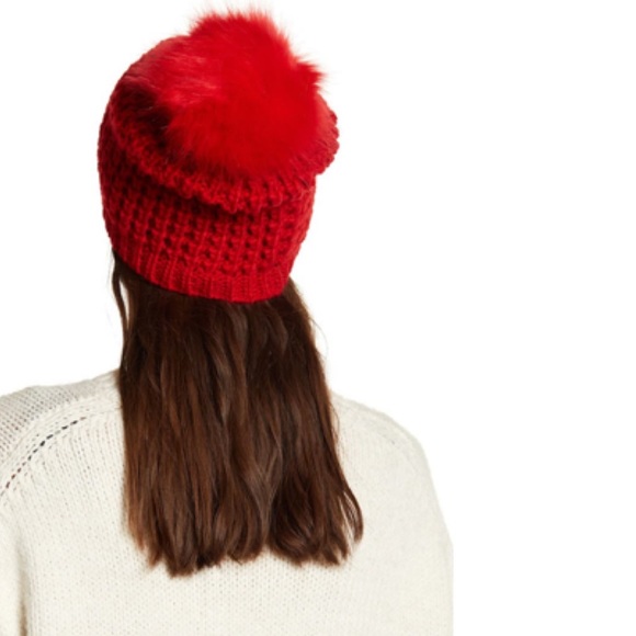 KYI KYI Classic Wool Blend Faux Fur Pom Pom Knit Sweater Beanie Hat, Red, O/S - Picture 2 of 3